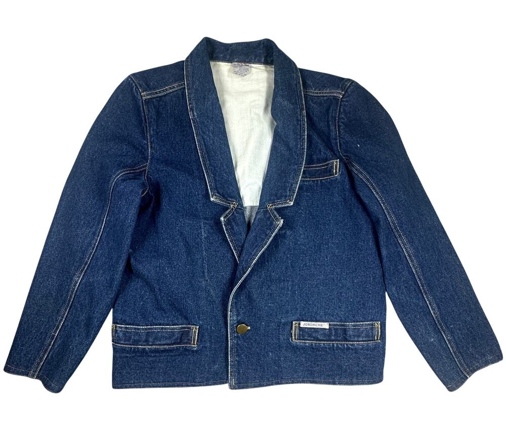 JORDACHE Denim Blazer Jacket Vintage 80s Shawl Collar Single Button Blue